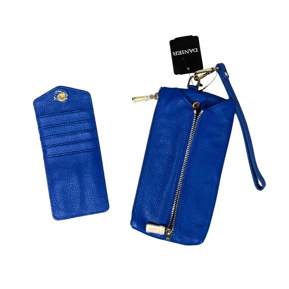 Danier Blue Genuine Leather Wallet with Zipper & Wristlet Strap - Picture 1 of 6